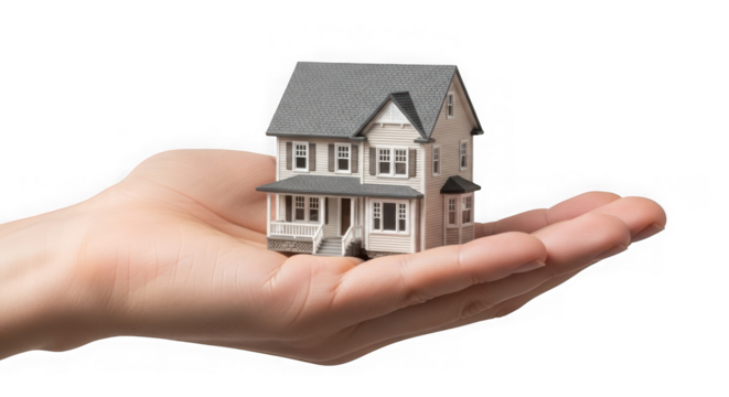 Miniature house on a human hand isolated on transparent background for real estate