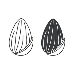 Almond nut outline and solid vector icon isolated on