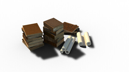 古文書 考古学 時代考証 シンボル 本 巻物 書籍 古書 3CGレンダリング画像 影付き 透過影 半透明影 透過PNG