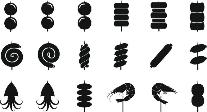 Grilled barbecue food skewer icon set, meat sausage seafood shrimp squid silhouette collection, BBQ grill menu vector illustration for restaurant and street food branding