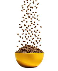 Brown pellets cascading into a yellow bowl