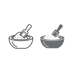 Bowl with scoop of flour or sugar, outline and filled icons, isolated on white