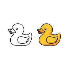 Outline and colored icon of a cute rubber duck toy