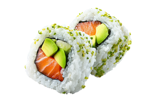 Two salmon-avocado sushi rolls, rice coated, on black