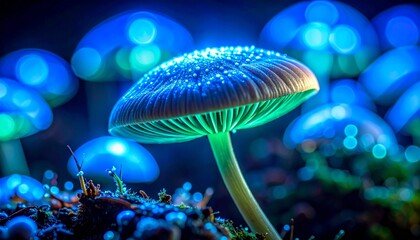 macro closeup bioluminescent mushroom spores glowing blue green faint light extreme detail fungal cap dark ambient organic particles microscopic texture luminous natural shine rare biology close shot 