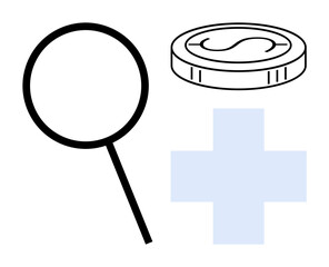 Magnifying glass, dollar coin, and blue plus sign emphasize financial analysis, investment, growth, healthcare funding, research, success, and strategy simple flat metaphor
