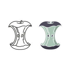 Illustration of an apple core, with a line art and a colored version isolated on