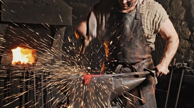 A medieval blacksmith hammers glowing red metal on an anvil in a workshop. Sparks fly as he works with intense focus in the dramatic lighting of the fiery forge.