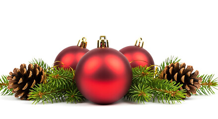 Fototapeta premium Vibrant red Christmas baubles nestled among fresh pine branches and natural pine cones on a pristine white background, perfect for holiday season greetings and festive designs