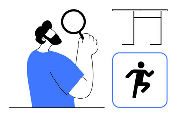 Man holding magnifying glass inspecting closely, simplistic desk sketch, and running icon. Ideal for analysis, research, discovery, movement, productivity focus minimalism. A simple flat metaphor