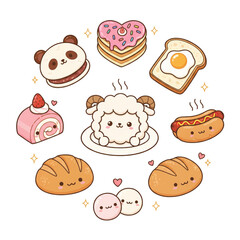 Circular Set of Cute Kawaii Lamb and Food Icons for Bakery Menu