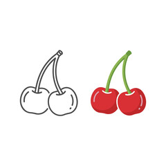 Two cherries with stem isolated on, one in color and one line