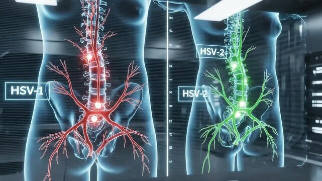 Digital Human Anatomy Hologram Displaying Spinal Nerve Network With HSV-1 and HSV-2 Virus Infection Indicators Glowing Red and