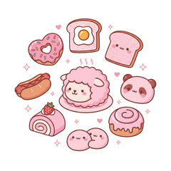 Cute Pink Kawaii Food Collection with Lamb Character and Sweet Bakery Items