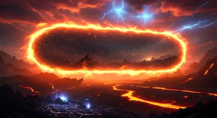 Papier peint photo Bordeaux Massive fiery portal in a mystical volcanic landscape surrounded by glowing clouds and cosmic energy 88234309 1  © THIBNH