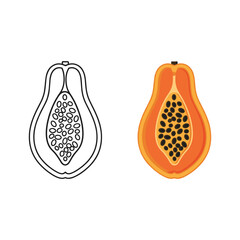 Outline and colored papaya fruit icons, showing seeds, tropical food symbol