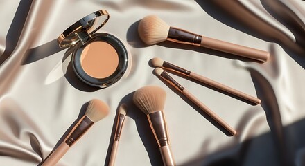 Makeup powder and brushes elegantly arranged on a shimmering satin fabric background