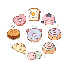 Circular Arrangement of Cute Kawaii Breakfast and Dessert Food Icons