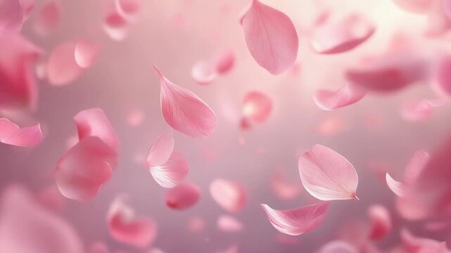 beautiful scene of delicate pink flower petals floating and falling gently through the air, set against a soft pastel background