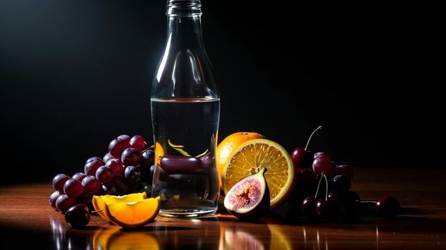 Refreshing Still Life: Water Bottle, Fruits, Dark Background, Elegant Composition
