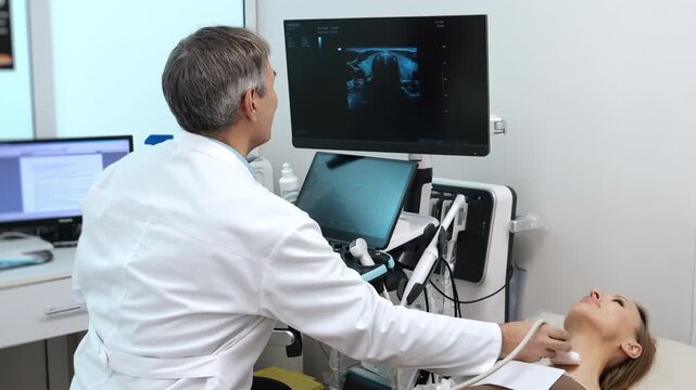 Doctor performing thyroid ultrasound scan on female patient while observing diagnostic image on monitor, advanced healthcare technology and endocrine examination indoors.