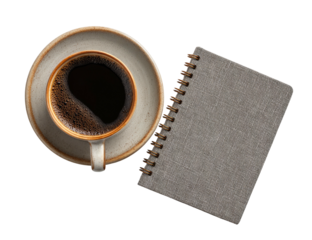 Coffee in cup & notebook w/ spiral, viewed from above