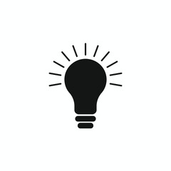 Solid black silhouette icon of a glowing light bulb with radiating lines. Symbolizes a bright idea, illumination, inspiration, and solution found. Excellent vector graphic for business concepts