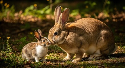 Fototapeta premium Flemish Giant rabbit with an extremely large body, long ears, and dense fur, sitting calmly on the ground. Known for its gentle temperament and impressive size.