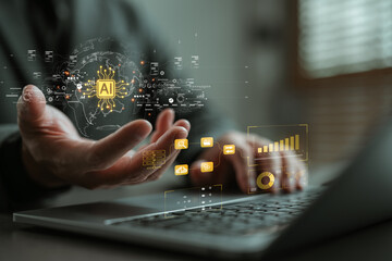Artificial intelligence and big data technology concept. Businessman using laptop with AI icon, analytics dashboard, and global network visualization for data processing and innovation.