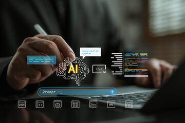 Prompt engineering and AI code generation concept. Businessman writing on digital screen with AI icon, programming code, chatbot interface, and machine learning algorithm for innovation technology.