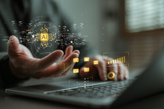 Artificial intelligence and big data technology concept. Businessman using laptop with AI icon, analytics dashboard, and global network visualization for data processing and innovation.