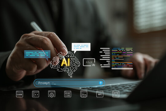 Prompt engineering and AI code generation concept. Businessman writing on digital screen with AI icon, programming code, chatbot interface, and machine learning algorithm for innovation technology.
