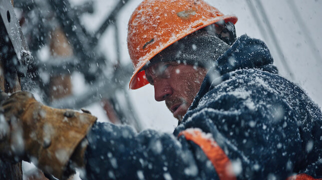 Resilient Middle-Eastern Utility Technician Working in Winter Snowstorm, Generative AI