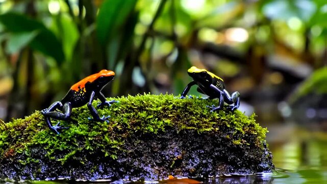 Colorful Poison Dart Frogs on Mossy Rock in Lush Rainforest Environment