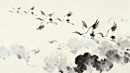 Fototapeta premium Cranes in Auspicious Clouds