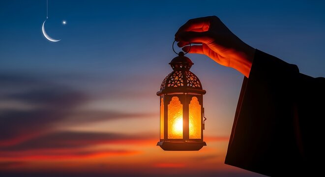 Hand holding a traditional lantern with a crescent moon in the sky