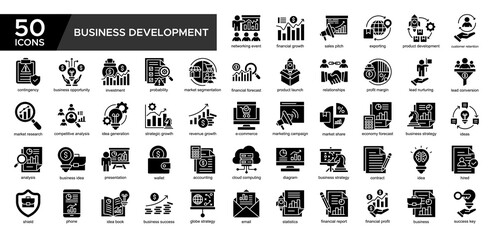 Business Development collection set. Networking Event, Financial Growth ,Product Development, Cuatomer Retntion, Relationship, Business Strategy , Ideas, Analysis, icon. Simple Glyph vector illustrati