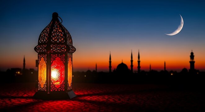 Ramadan lantern and mosque silhouette against a twilight sky - Powered by Adobe