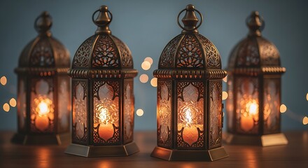Four ornate moroccan lanterns glowing with candles at night