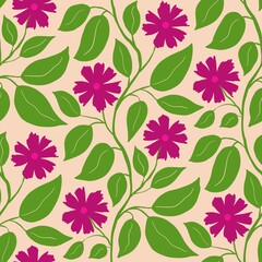 Seamless Floral Pattern with Pink Flowers and Green Leaves on Beige Background
