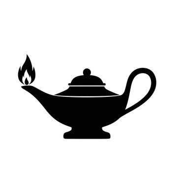 A black silhouette of an oil lamp with a flame on a, perfect for designs related to history, culture, or vintage themes
