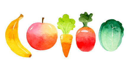 Colorful Watercolor Fruits and Vegetables Illustration Featuring Banana, Apple, Carrot, Tomato, and Cabbage on a White Background for Fresh Food Projects