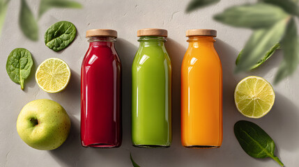 Fresh Juices in Glass Bottles Surrounded by Fruits and Greens on a Beige Background, Healthy Lifestyle Concept for Photography and Advertising