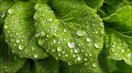 Fresh Green Lettuce Leaves with Water Droplets Captured in High Resolution, Showcasing Nature's Beauty and Refreshing Look Ideal for Food and Health Imagery