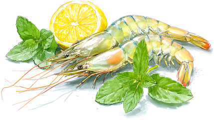 Fresh Shrimp Illustration with Lemon and Mint Leaves for Culinary and Seafood Themed Designs, Suitable for Cookbooks, Menus, and Food Promotion Materials