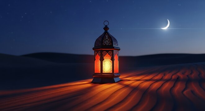 Ramadan lantern glowing in desert at night with crescent moon