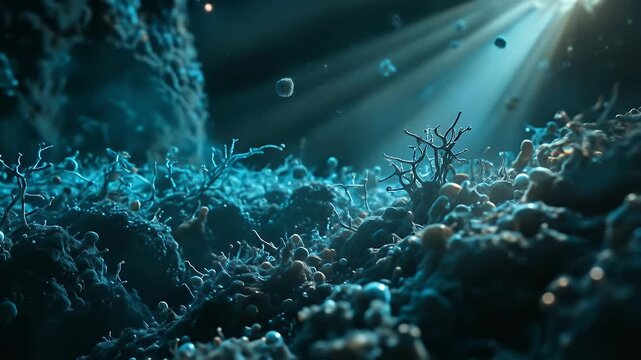 Abstract blue organic microbe microscopic life with light rays and floating particles