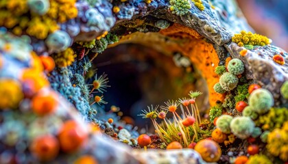 macro closeup lichen rock crevice micro colony organic growth mineral texture moisture beads tiny ecosystem vivid colors natural pattern surface detail rugged terrain intricate biology close shot