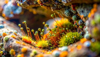 macro closeup lichen rock crevice micro colony organic growth mineral texture moisture beads tiny ecosystem vivid colors natural pattern surface detail rugged terrain intricate biology close shot