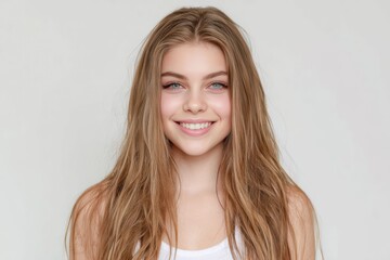 Fototapeta premium Portrait of a young woman in a white bikini smiling confidently with natural makeup and healthy glowing skin. Perfect for skincare, wellness, and lifestyle concepts.